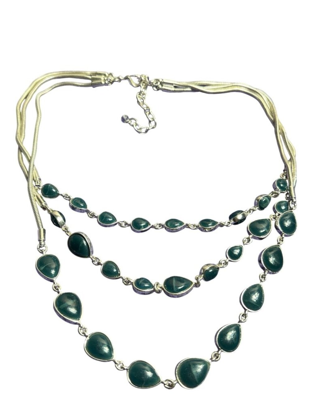3 Strand Silvertone Serpentine Chain Necklace Green Plastic Teardrops 15 - 18 in